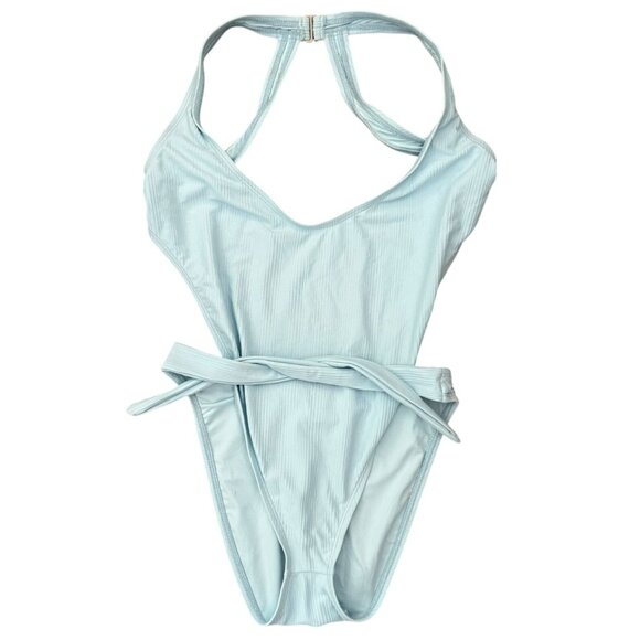 Lunar One Piece Swimsuit Size Medium Tie Waist Racerback Design Ris-K Beach Blue - Picture 5 of 9